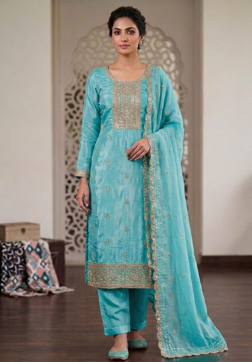 Embroidered Salwar material with stone work