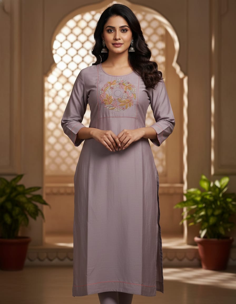 Grey roman fabric Embroidered Kurti