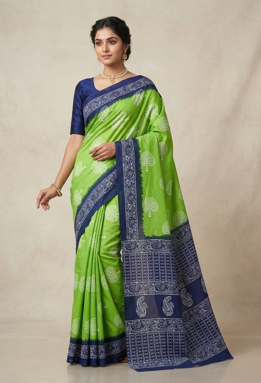 Green & Blue Printed Mul Cotton Saree