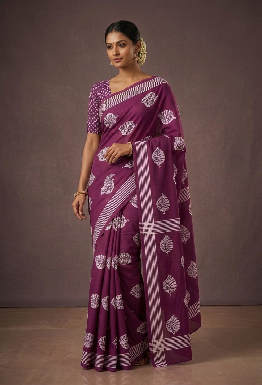 Purple Mul Cotton Printed Saree