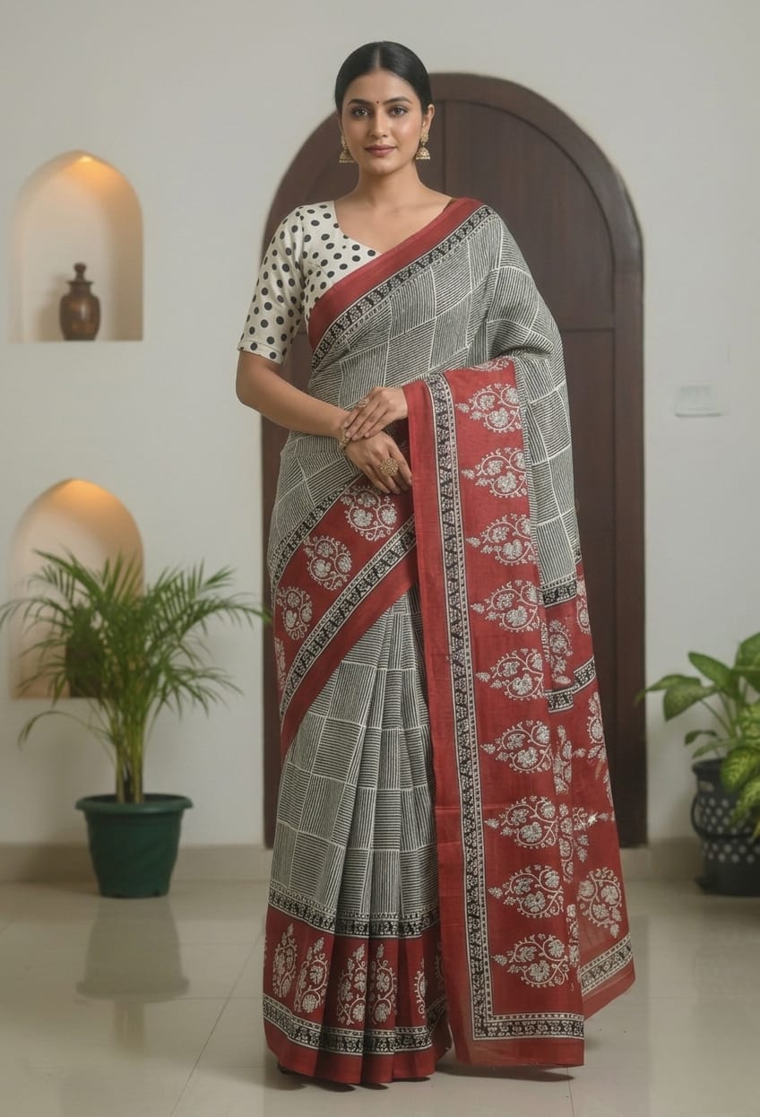 Elegant Red and black Printed Mul Cotton Saree