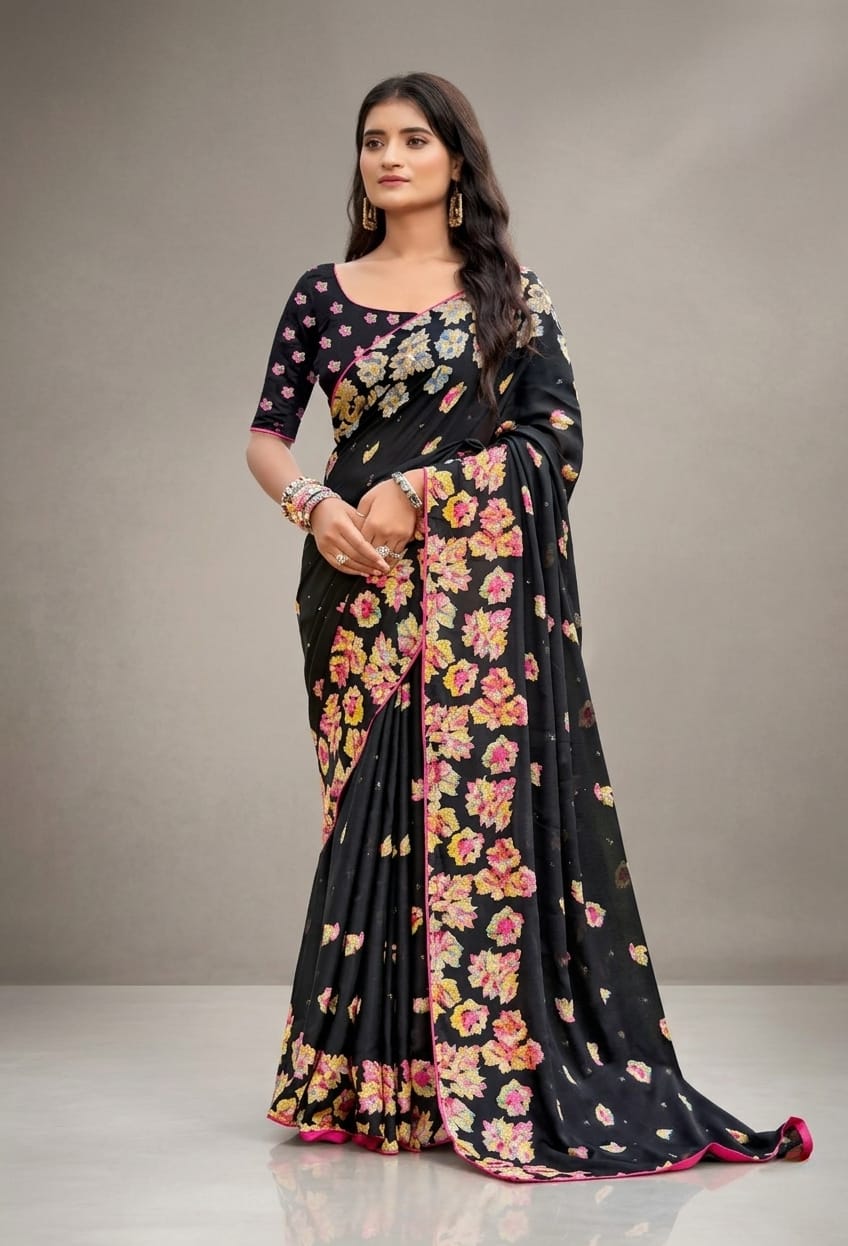 Black Floral Printed Georgette Saree with blouse piece