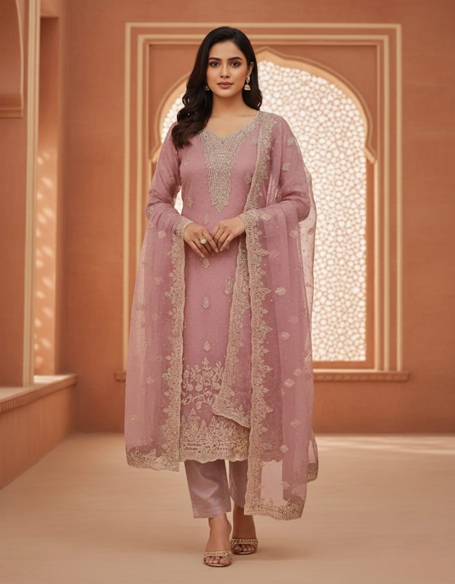 Pink stone and cut work Salwar material