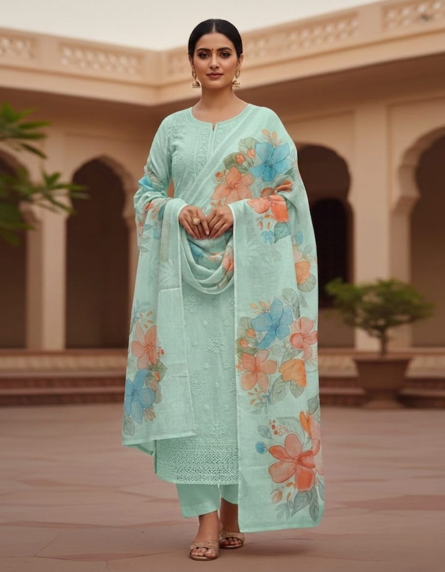 Pastel green Chickankari print Salwar Material