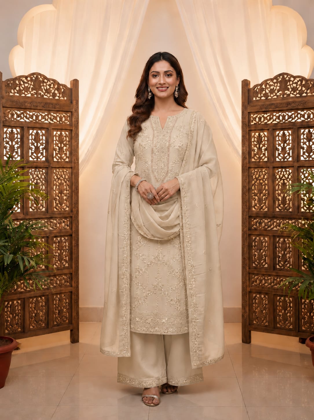 Elegant Off-White Embroidered Salwar material
