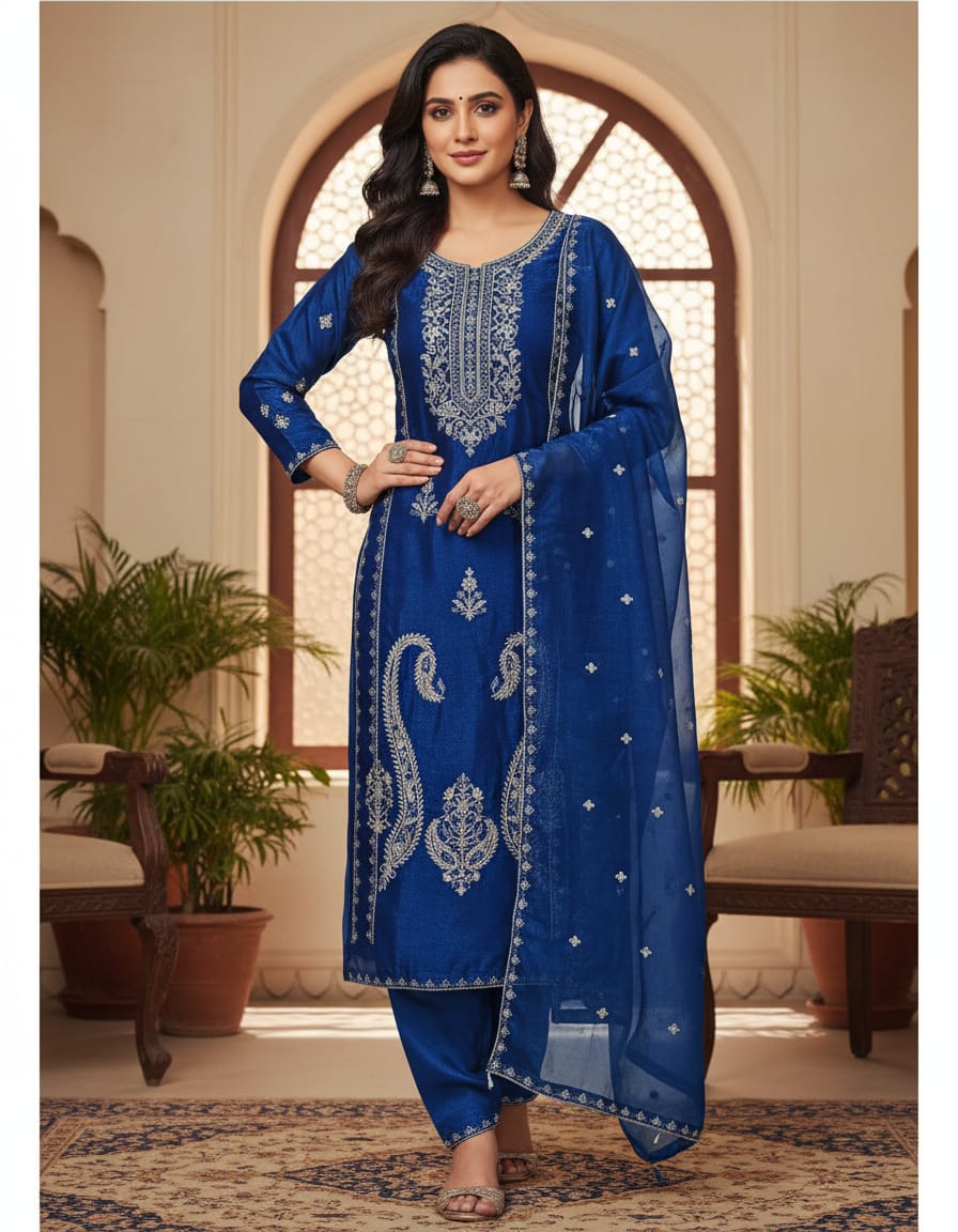Elegant Blue Embroidered Salwar Suit material