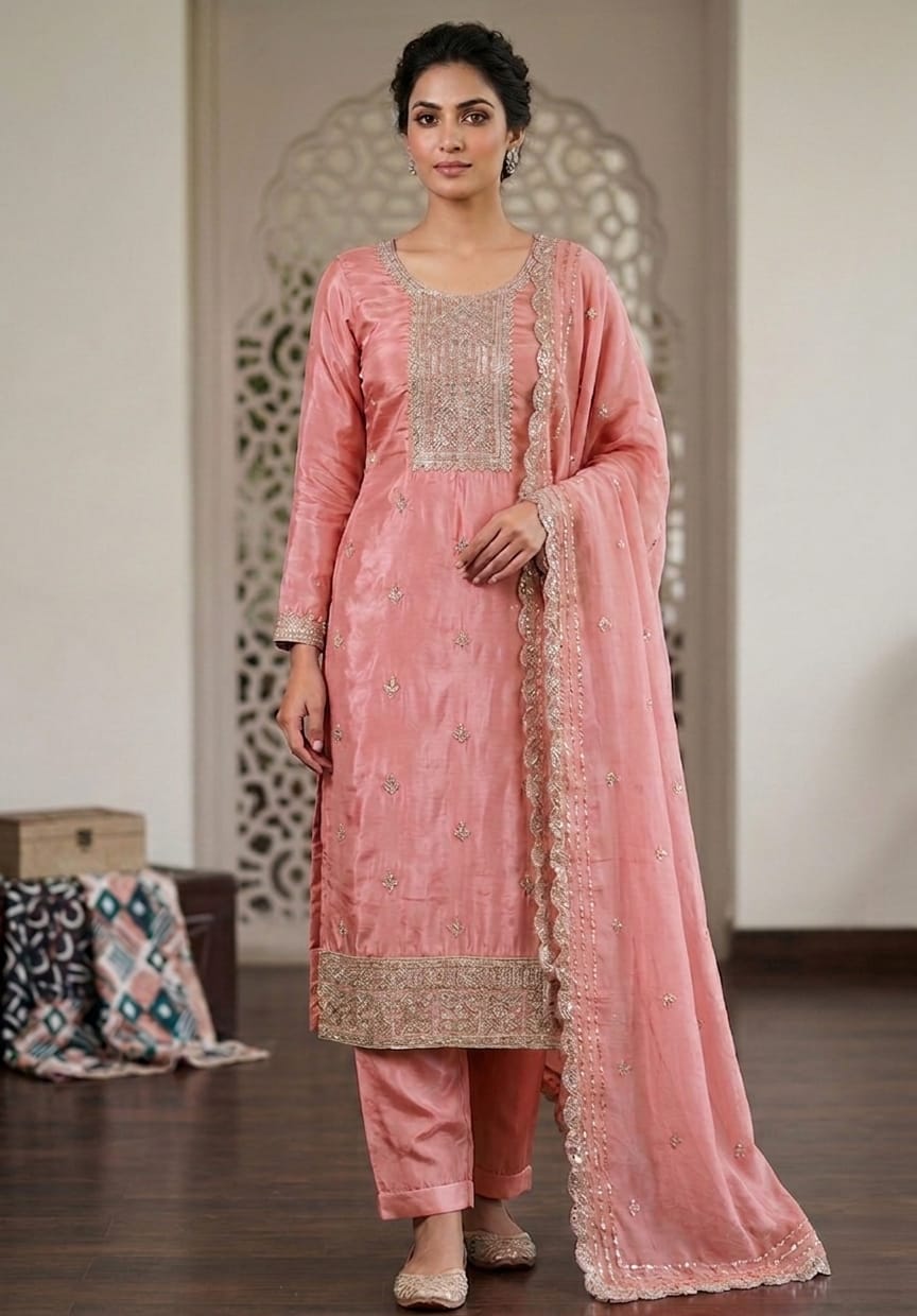Pink Embroidered Salwar material with stone work