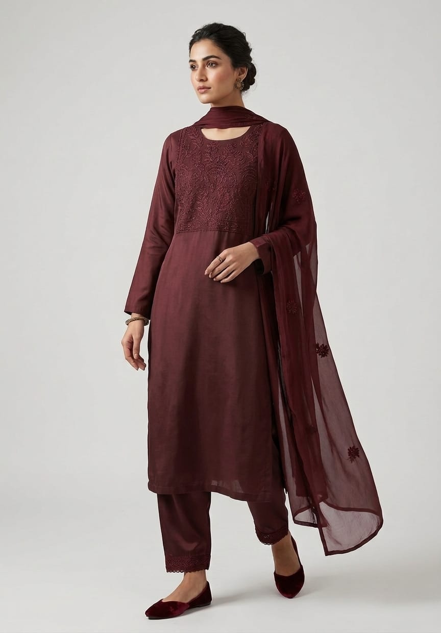 Embroidered maroon mul chanderi Salwar material