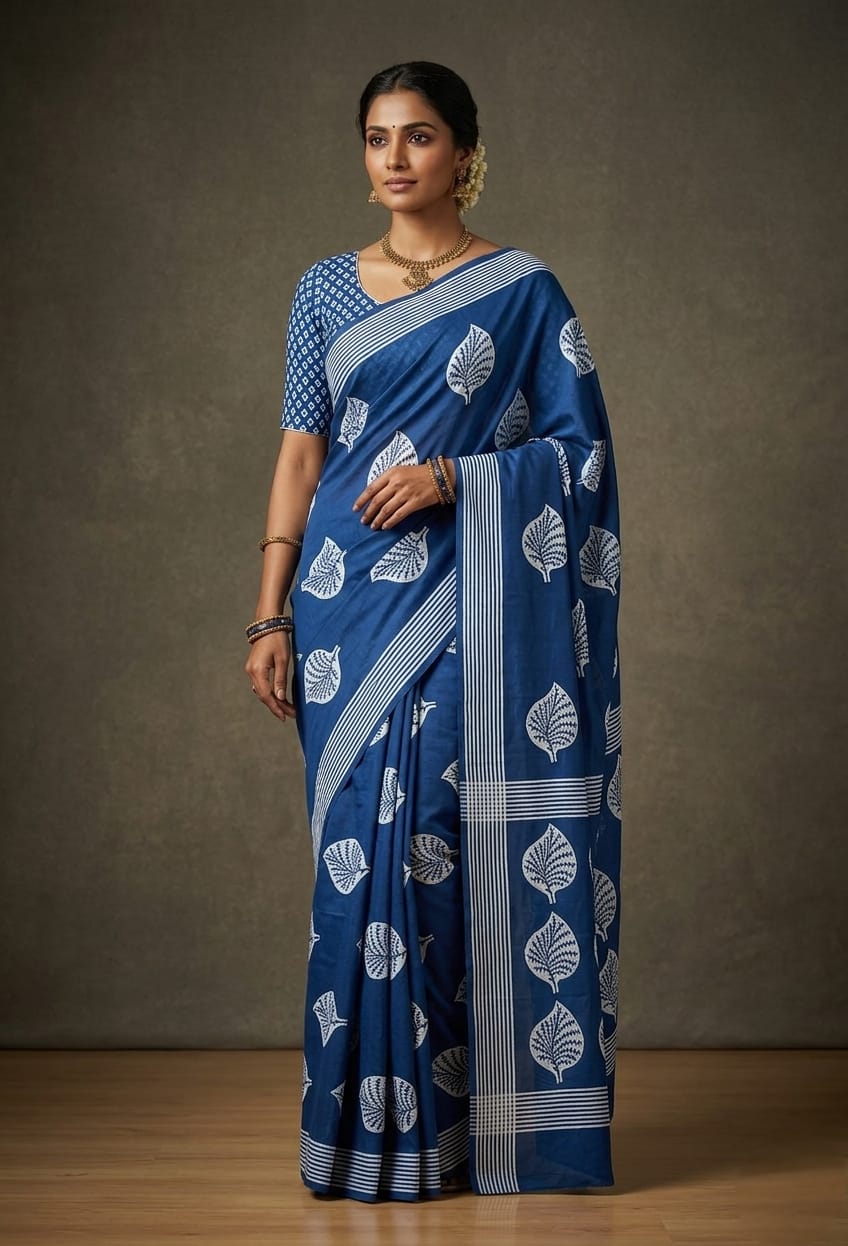 Blue Printed Mul Cotton Saree