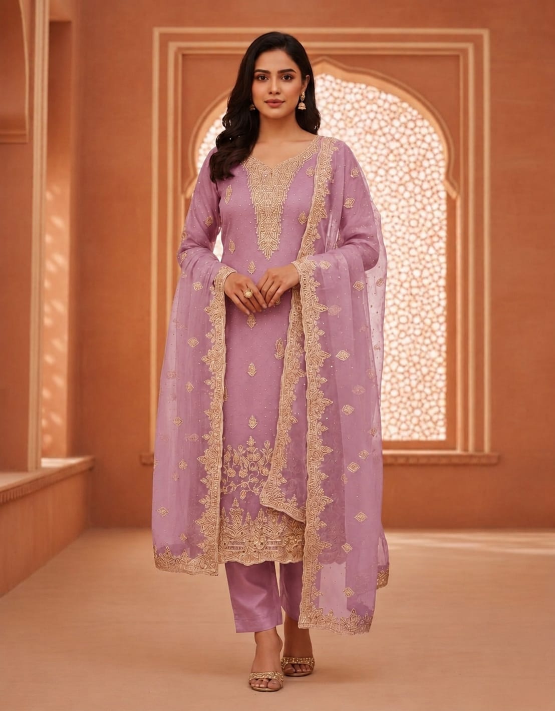 Lavender stone and cut work Salwar material