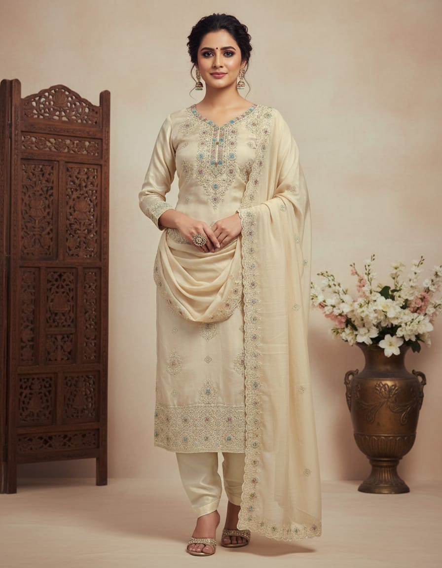 Elegant Cream Embroidered Salwar Suit