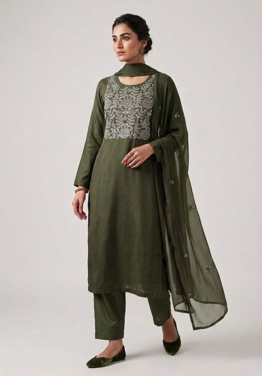 Embroidered Olive green mul chanderi Salwar material
