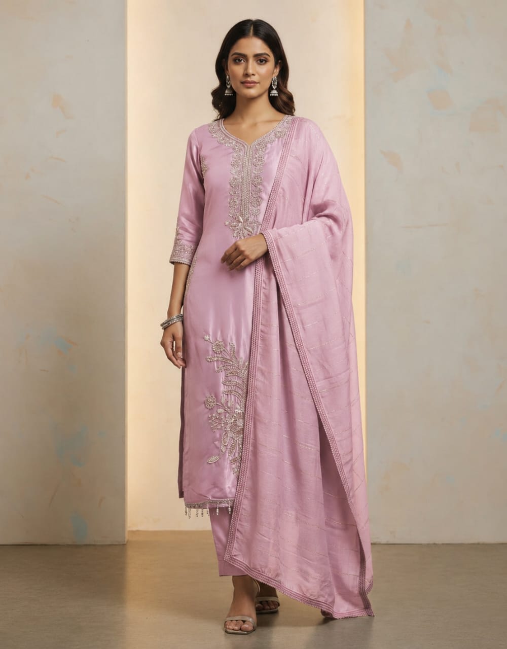 Lilac Salwar material with stone work