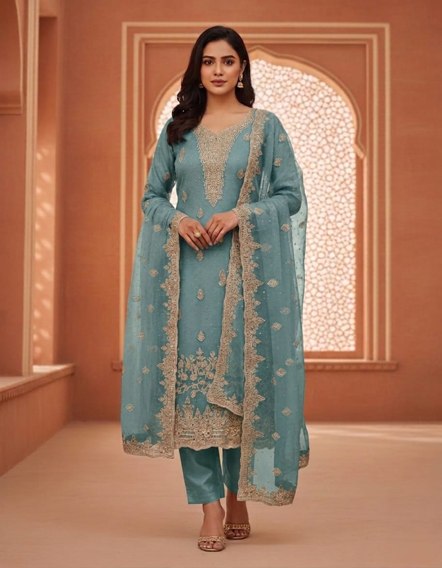 Elegant Blue stone and cut work Salwar material