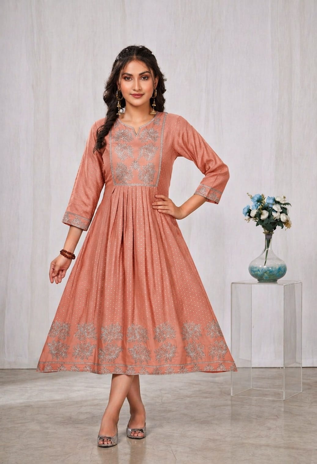 Peach Floral Anarkali Kurti