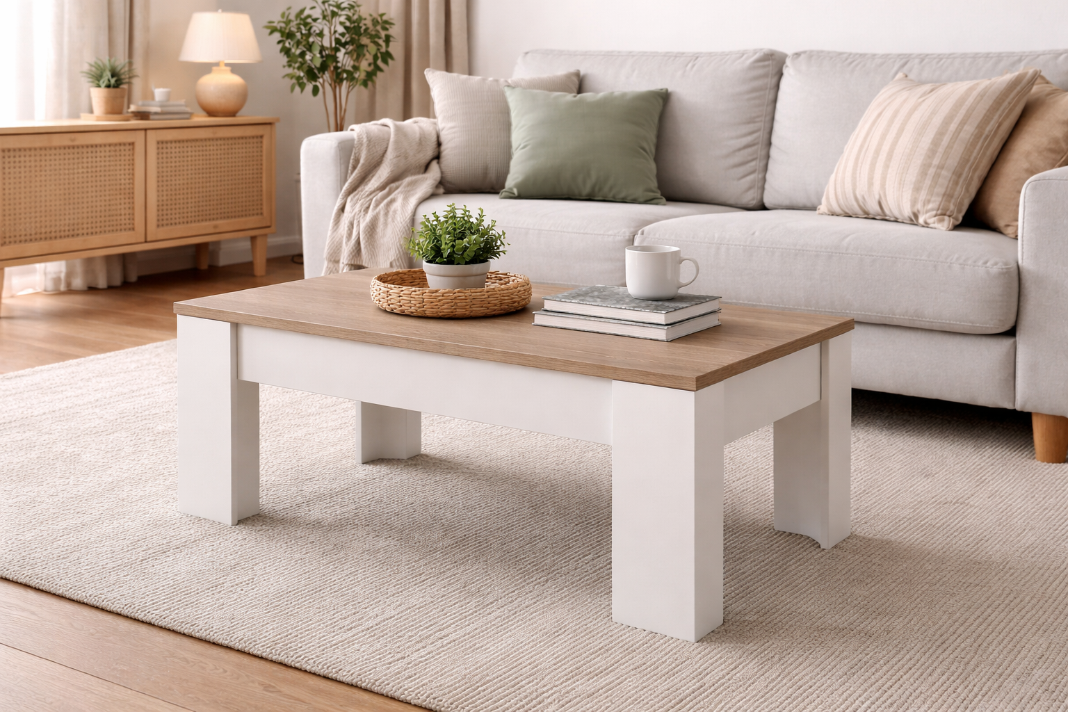 Mesa de centro, elevable. Blanco y cambrian