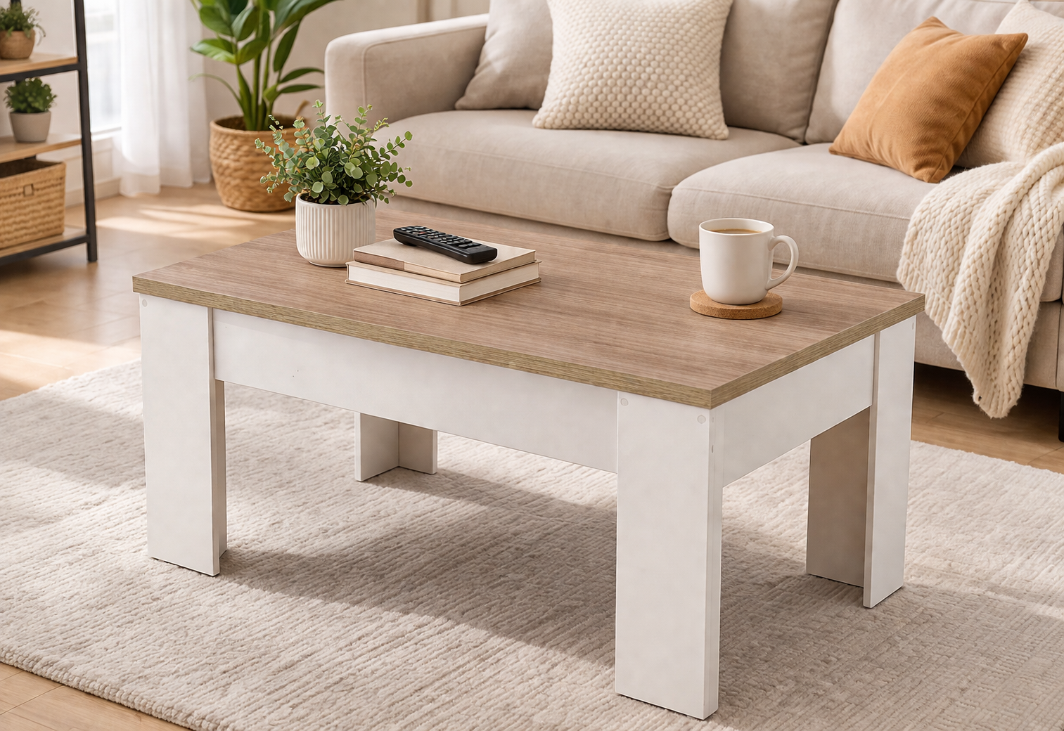 Mesa de centro, elevable. Blanco y cambrian