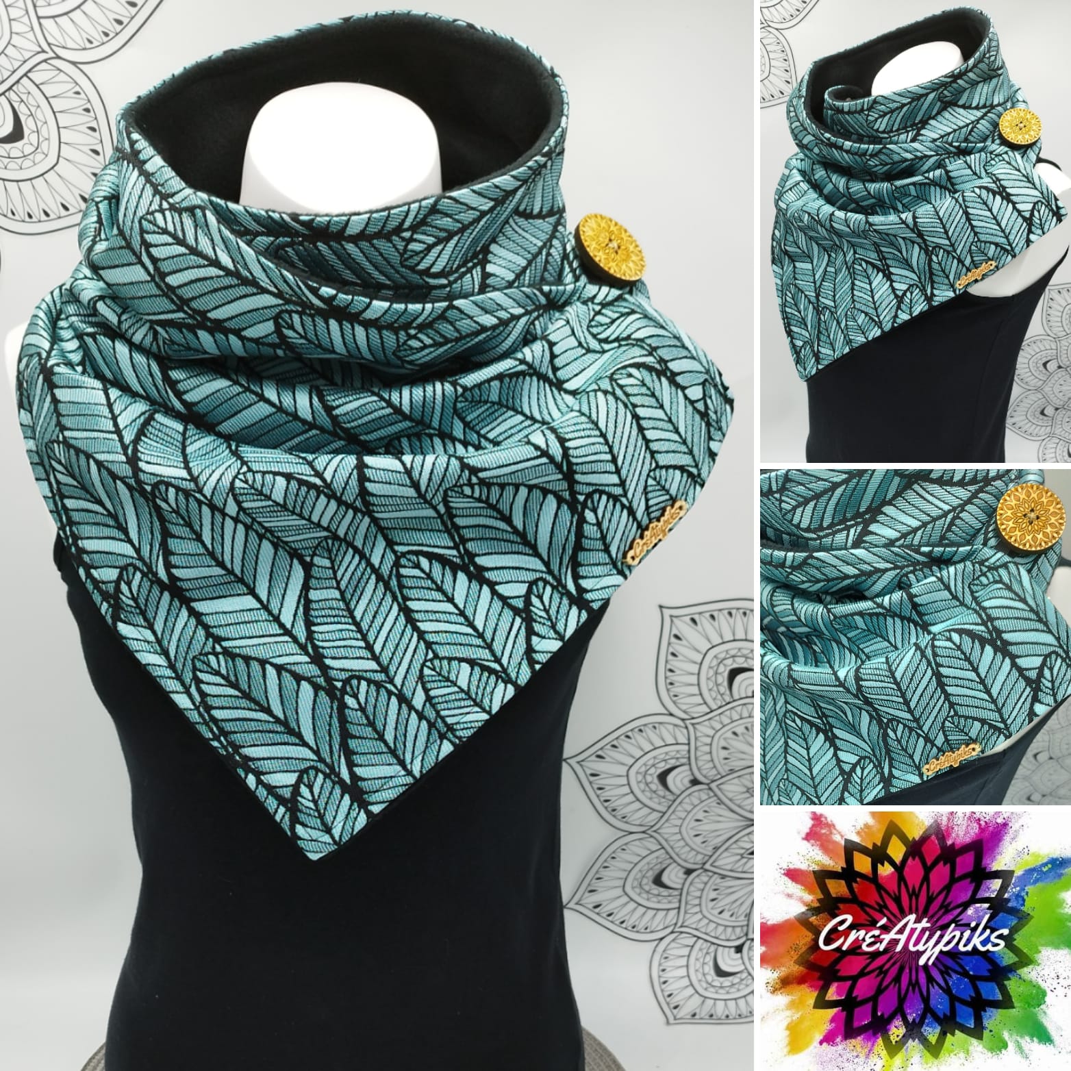 Écharpe snood feuilles turquoise – CréAtypiks