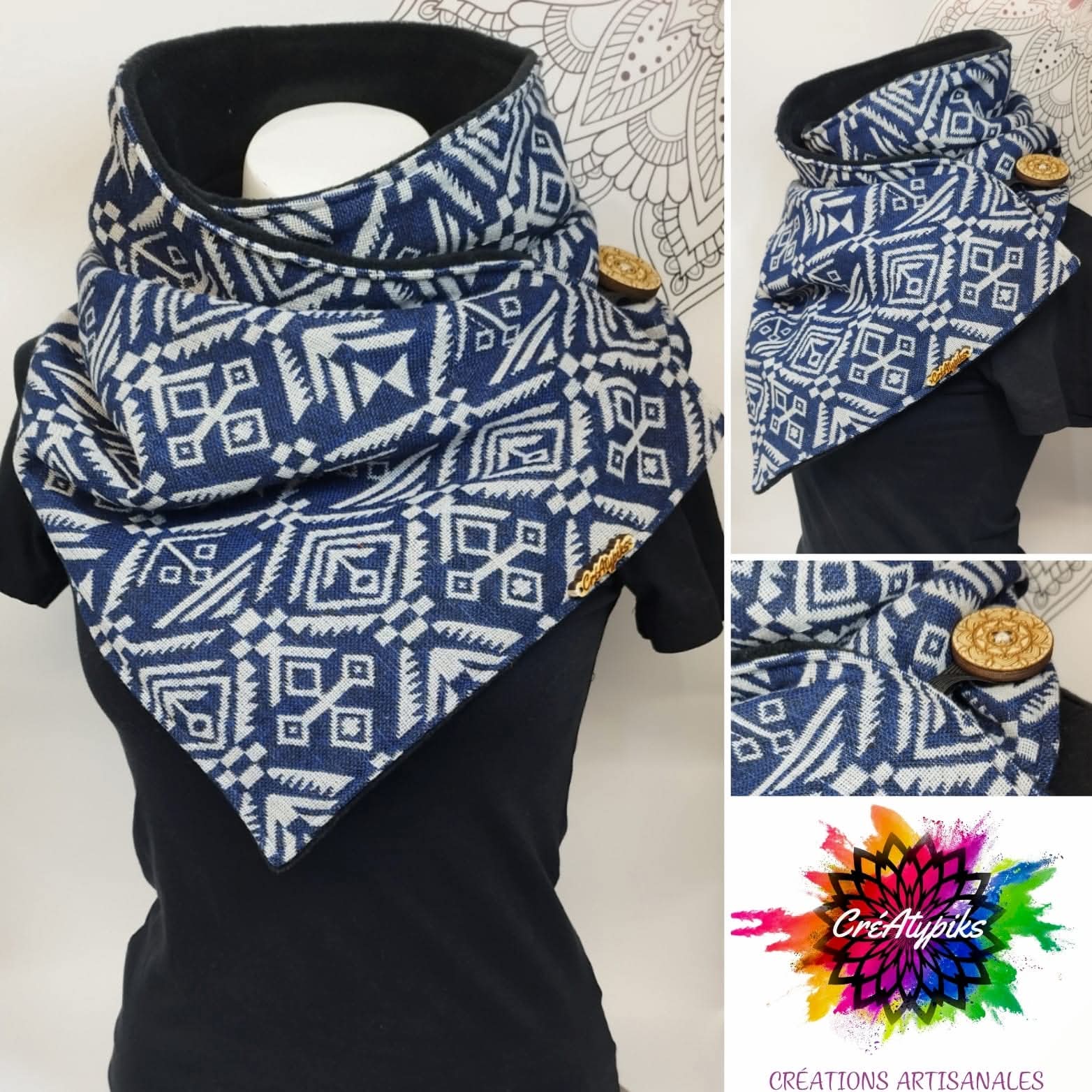 Écharpe snood bleu géométrique – CréAtypiks
