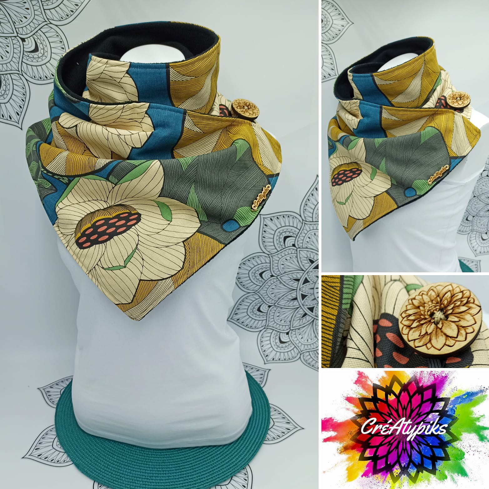 Écharpe snood grandes fleurs beige et moutarde – CréAtypiks