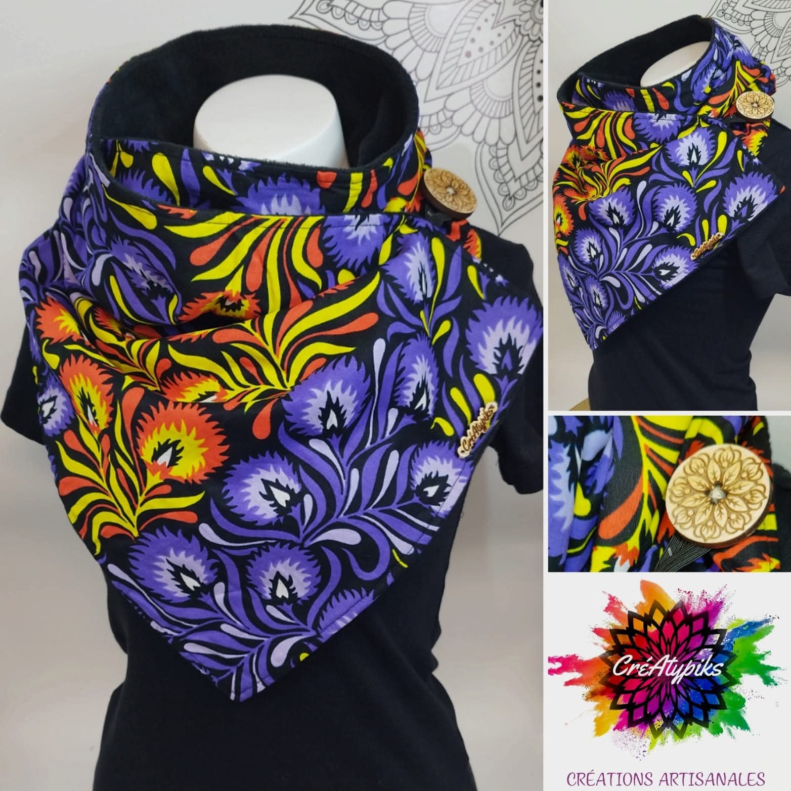 Écharpe snood graphique violet jaune orange – CréAtypiks