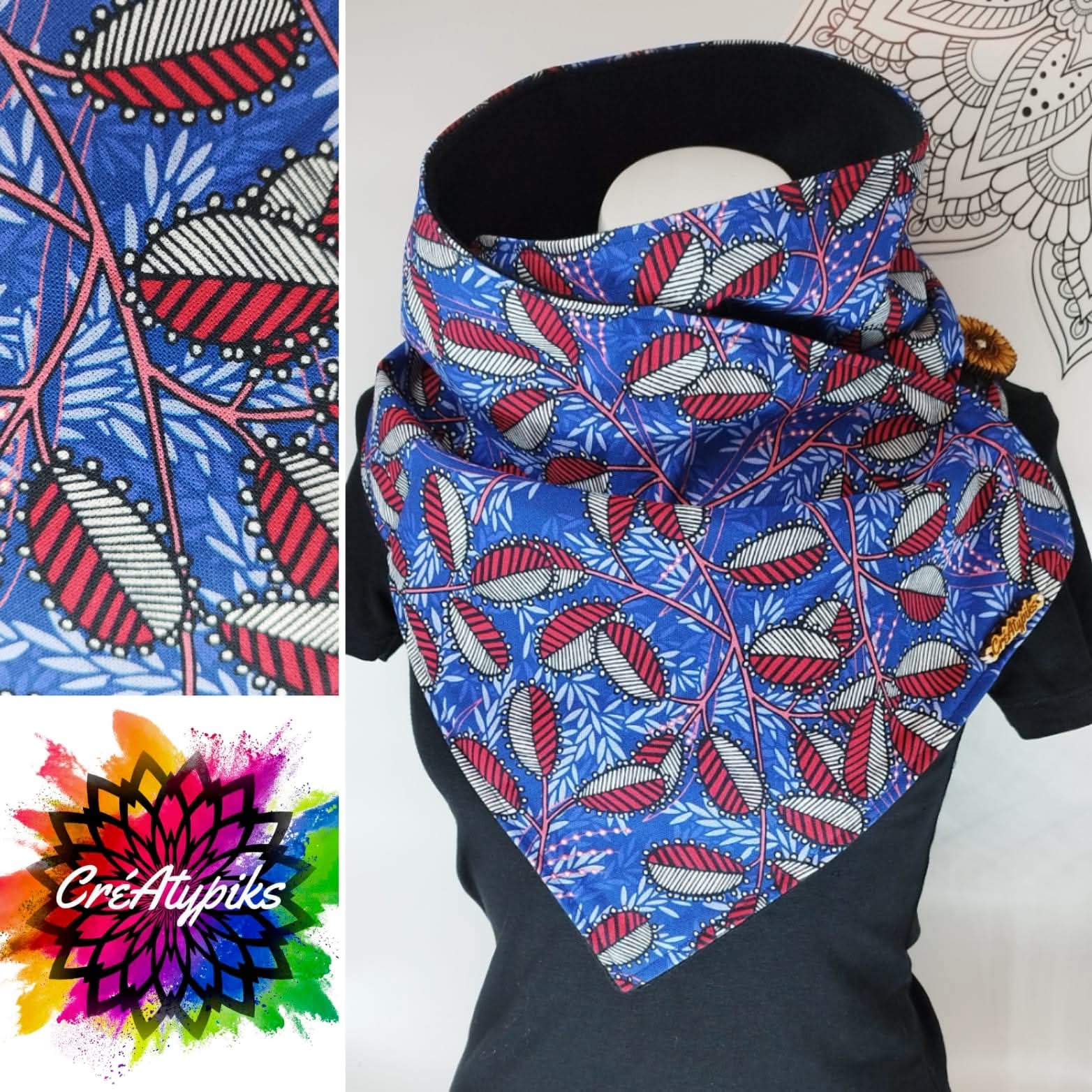 Écharpe snood wax feuillage bleu rouge – CréAtypiks