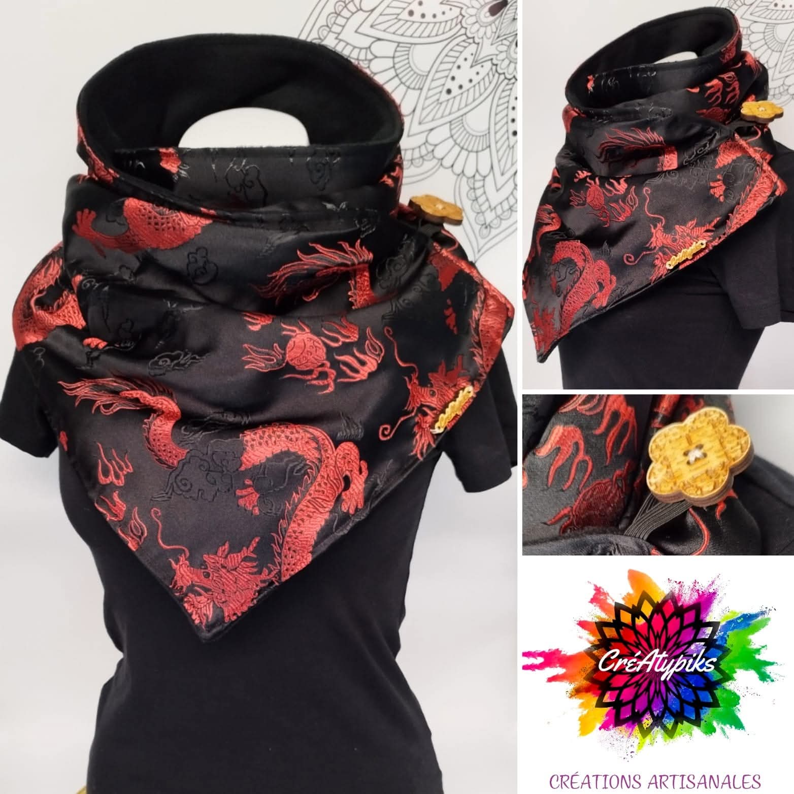 Écharpe snood satin noir dragon rouge – CréAtypiks
