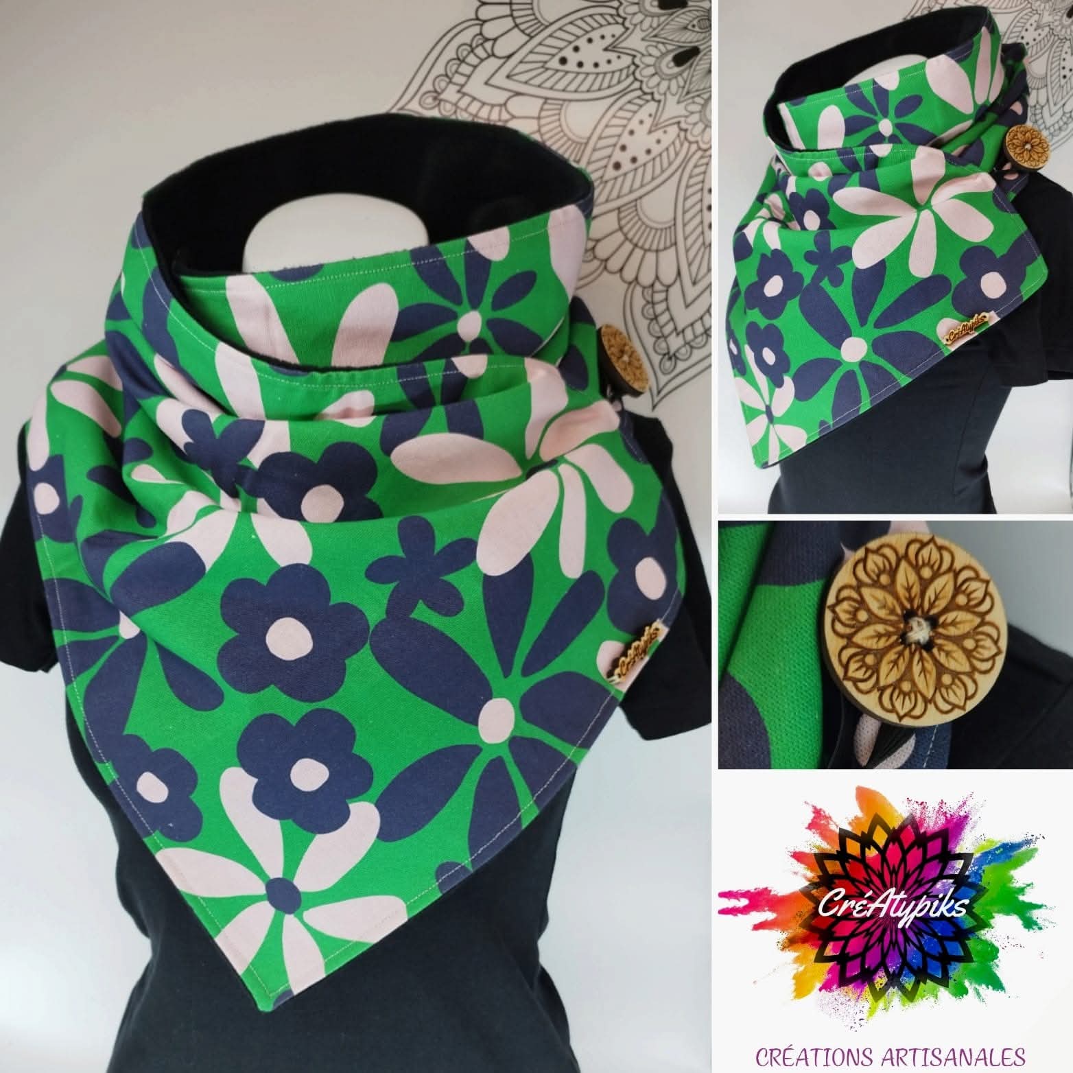 Écharpe snood verte fleurie graphique – CréAtypiks
