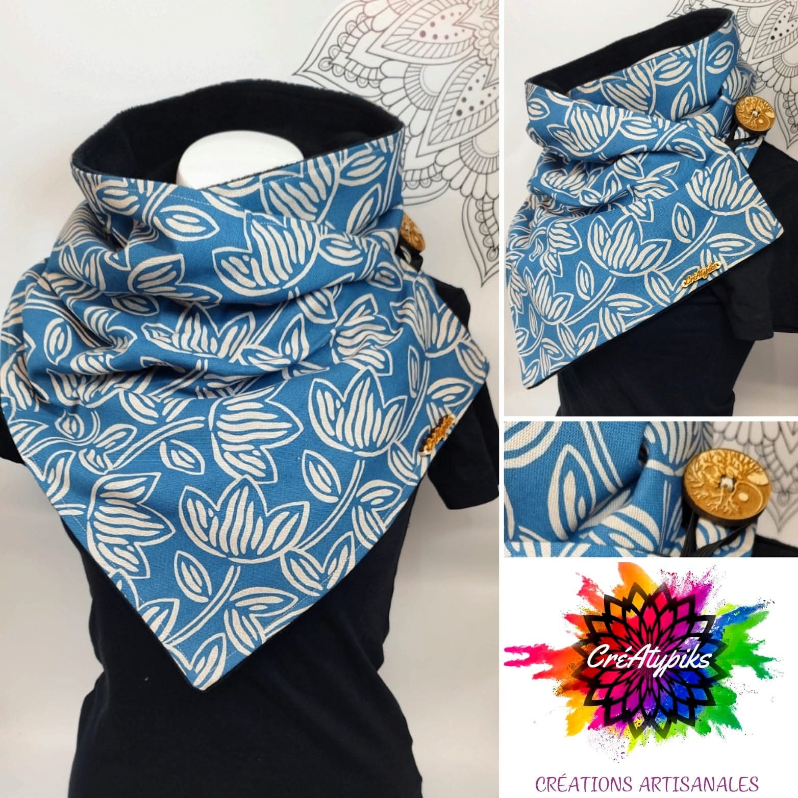 Écharpe snood bleu fleurs blanches – CréAtypiks