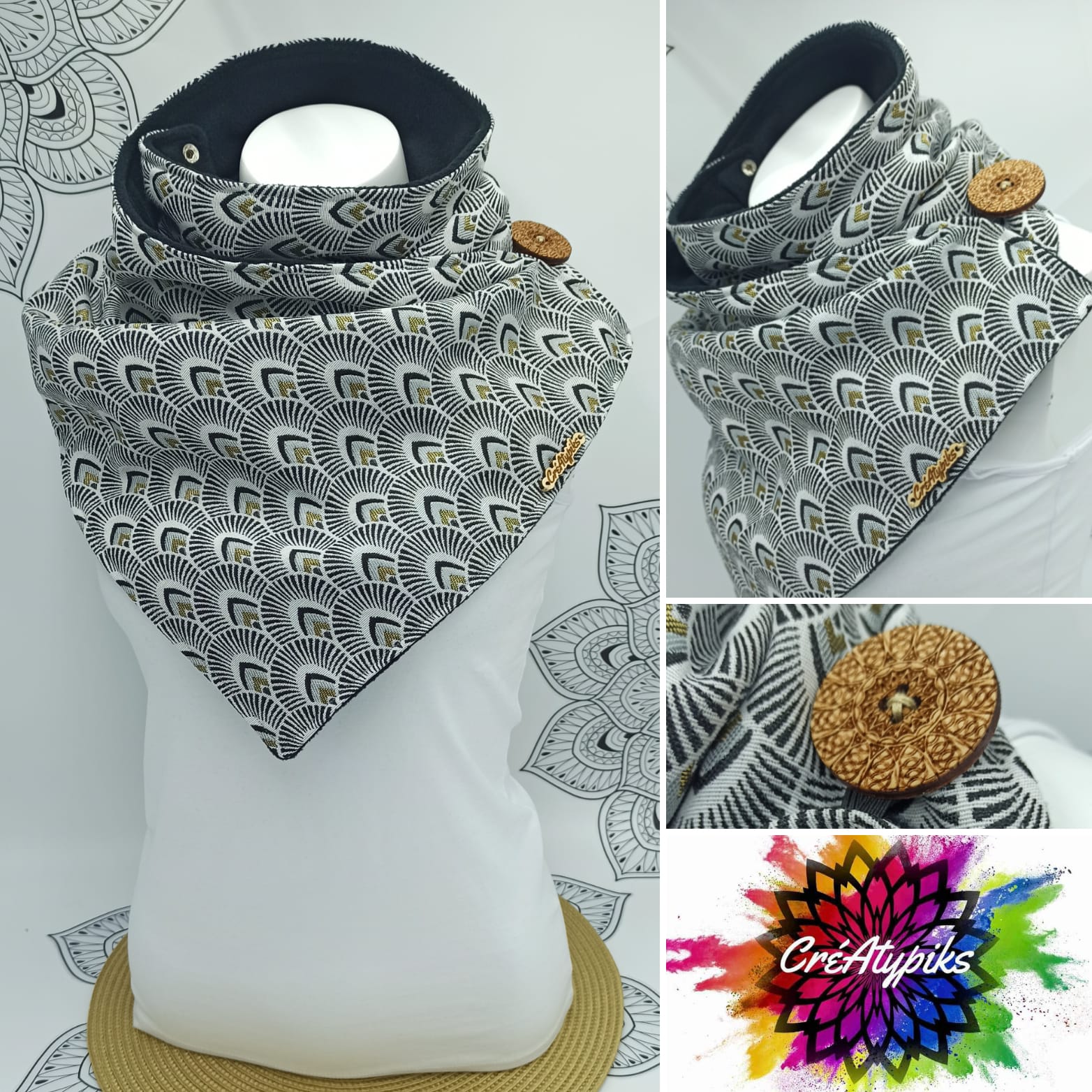 Écharpe snood éventails noir et doré – CréAtypiks