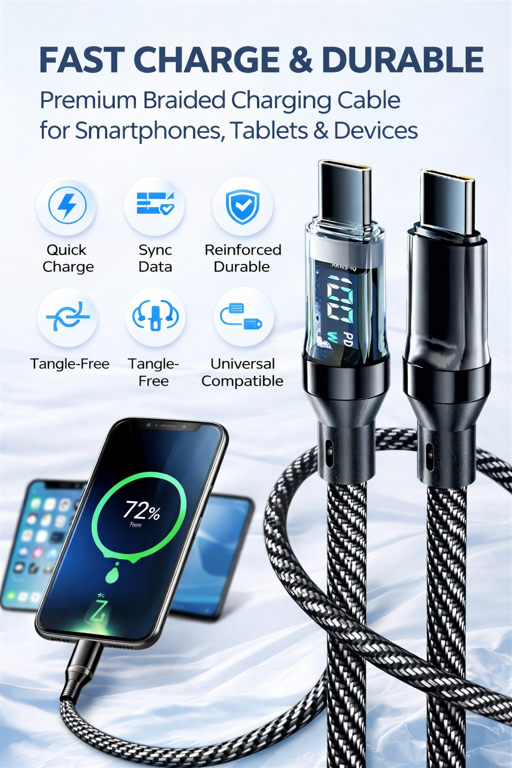 USB-C Fast Charging Cable with Power Display 100pcs wholesale price