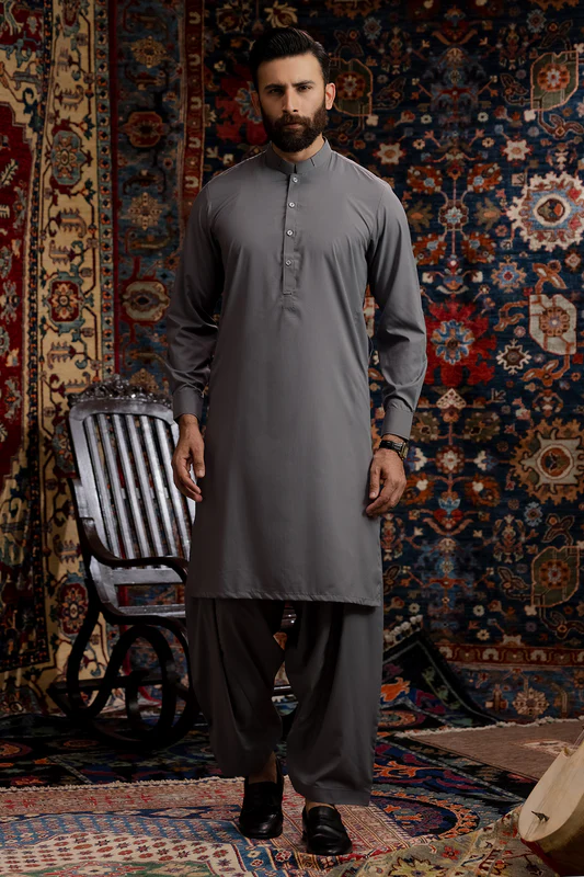 Men Stitched Muted Gray Kameez Shalwar