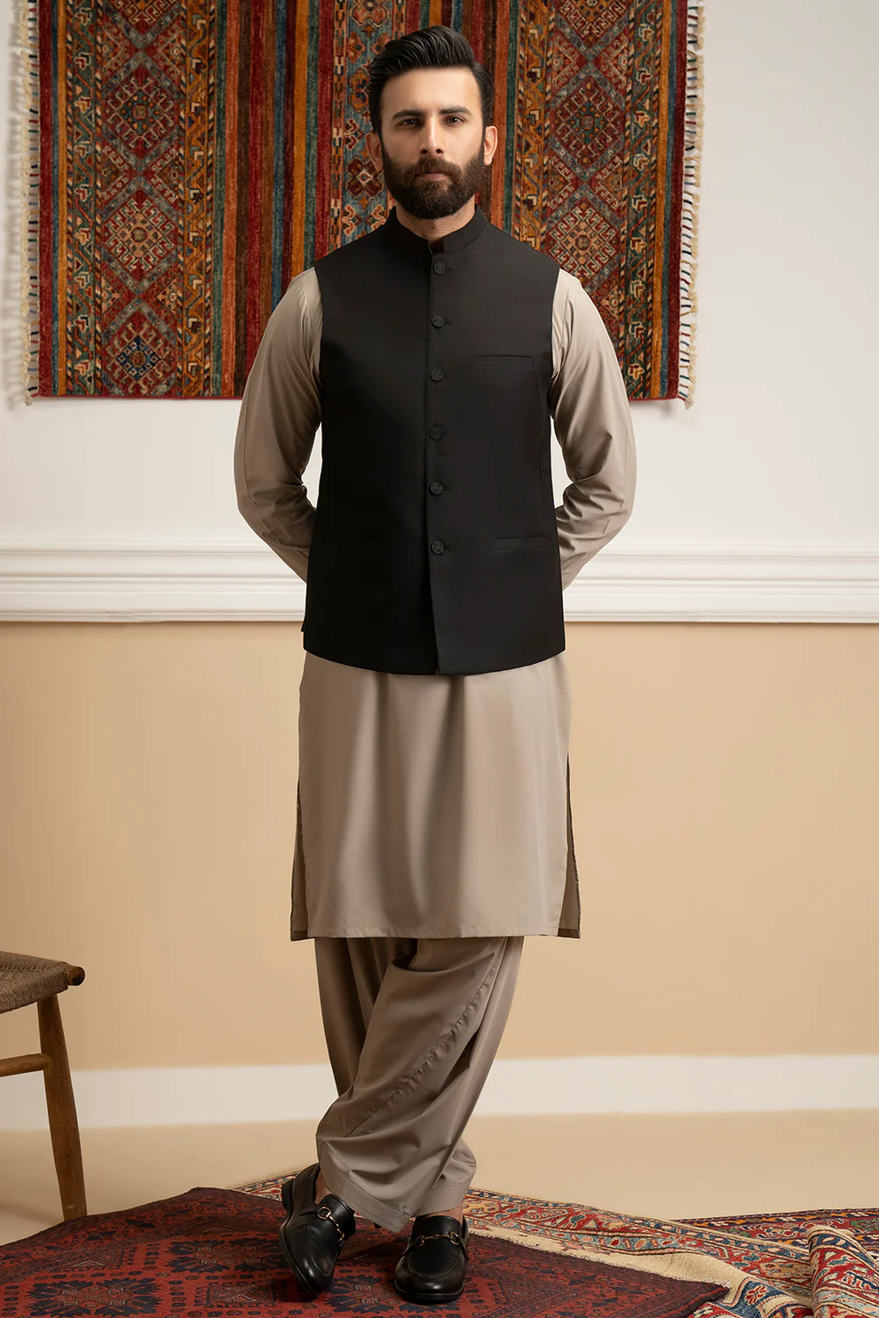 Men Stitched Black Coffee Waistcoat