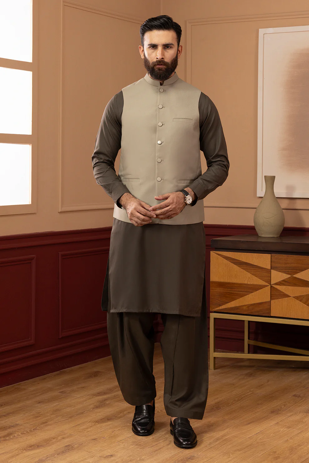 Men Stitched Light Khaki Waistcoat