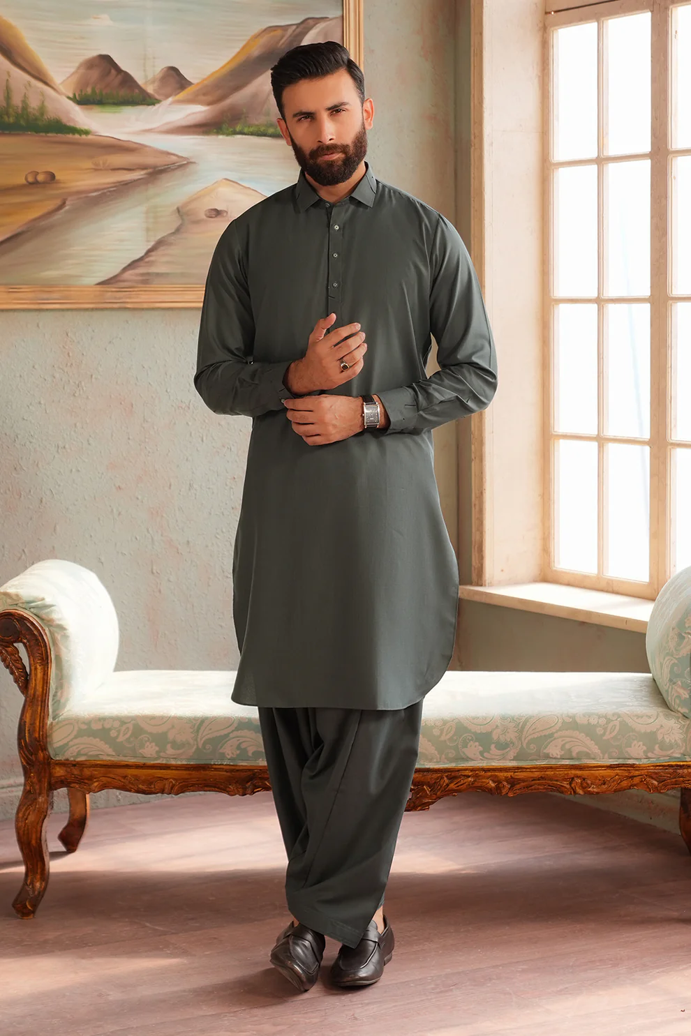 Men Stitched Dark Olive Gray Kameez Shalwar