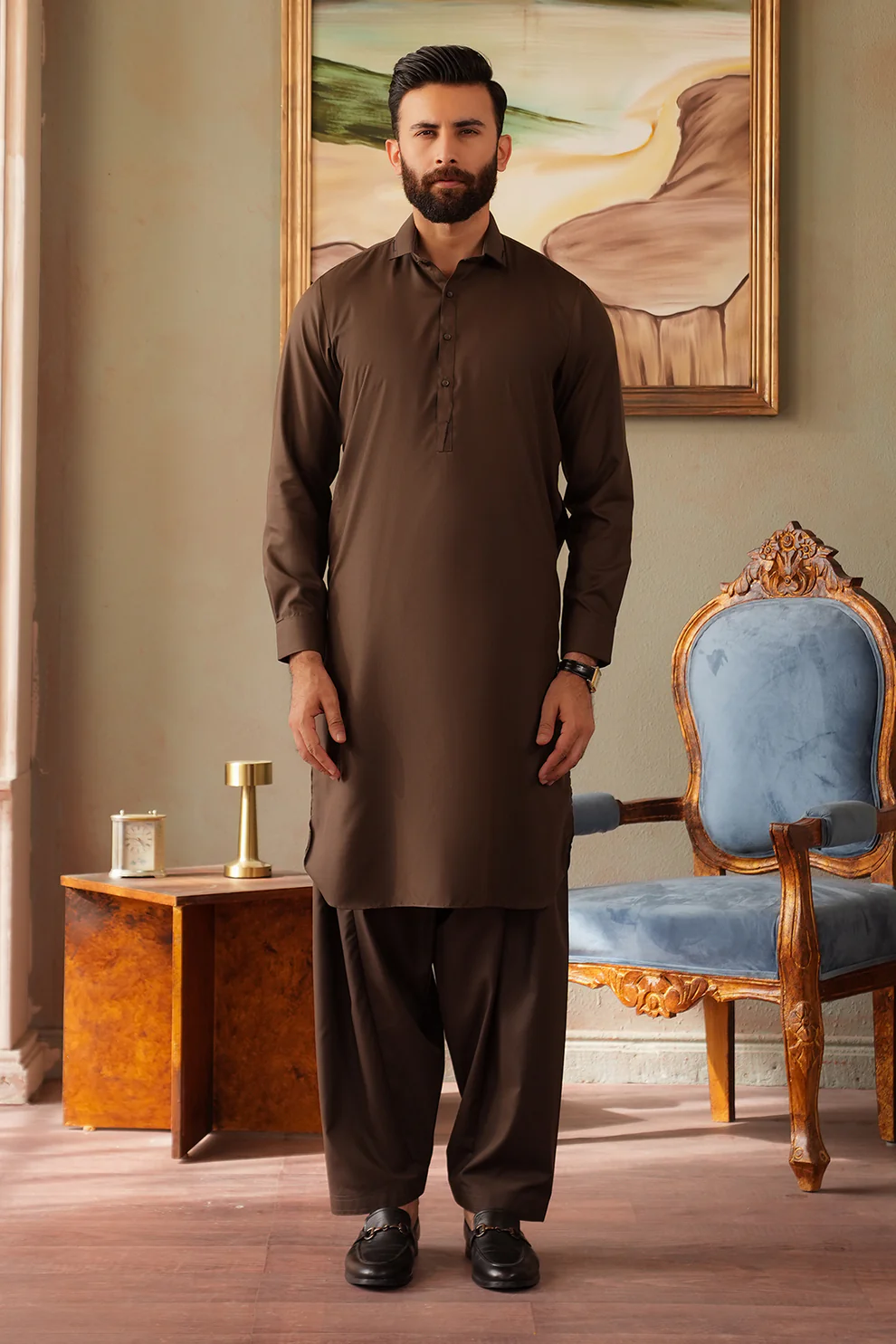 Men Stitched Espresso Brown Kameez Shalwar