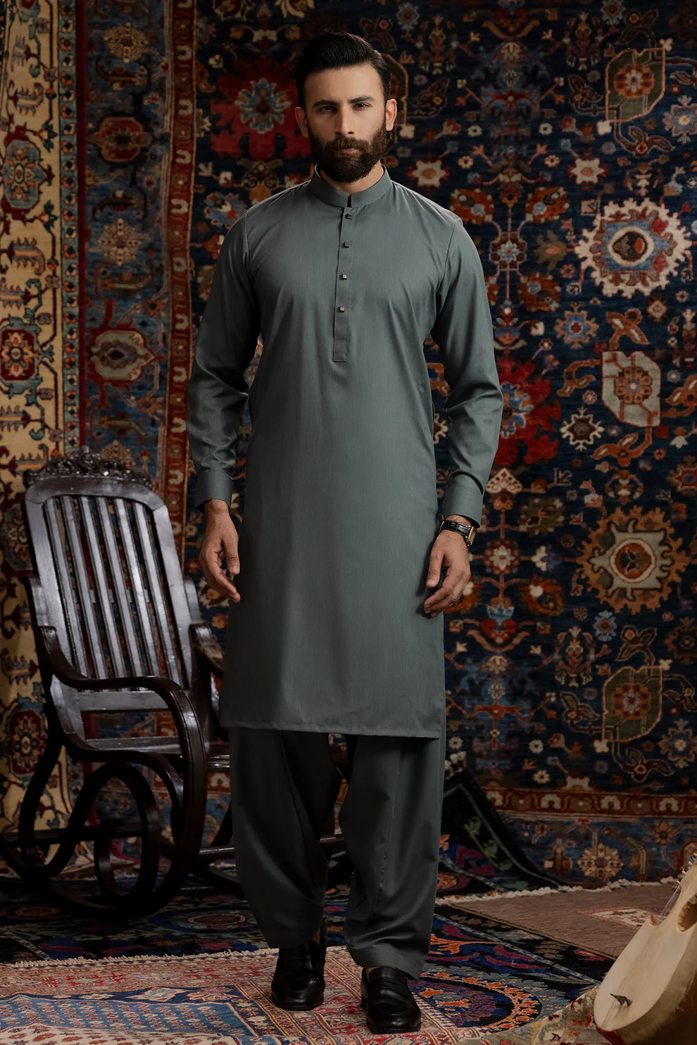 Men Stitched Muted Green Kameez Shalwar