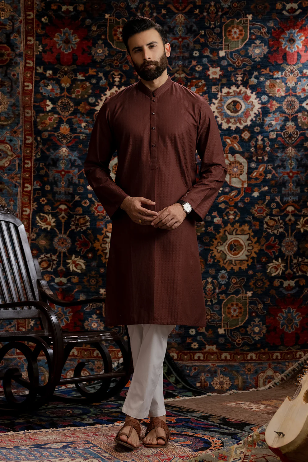 Men Stitched Dark Maroon Kurta with White Pajama