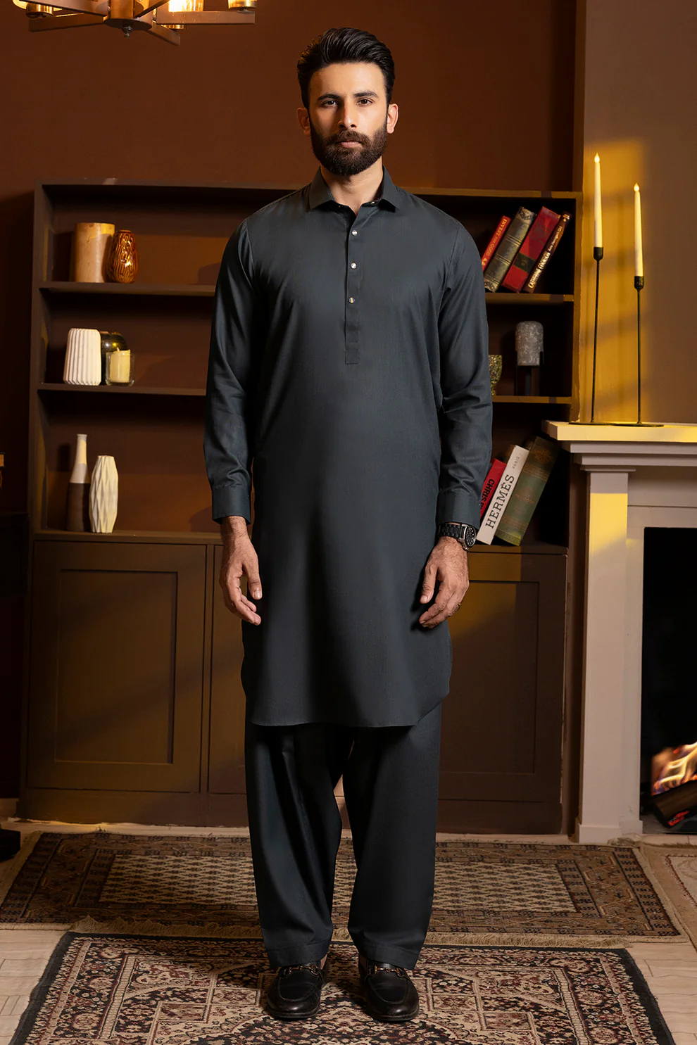 Men Stitched Charcoal Gray Kameez Shalwar