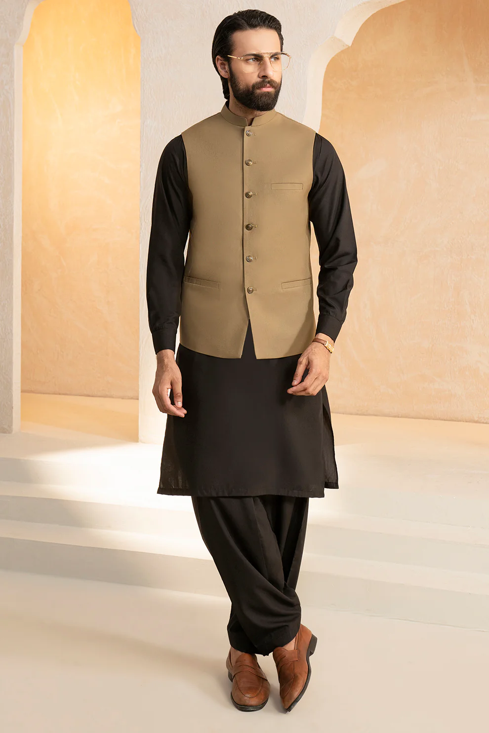 Men Stitched Sand Beige Waistcoat