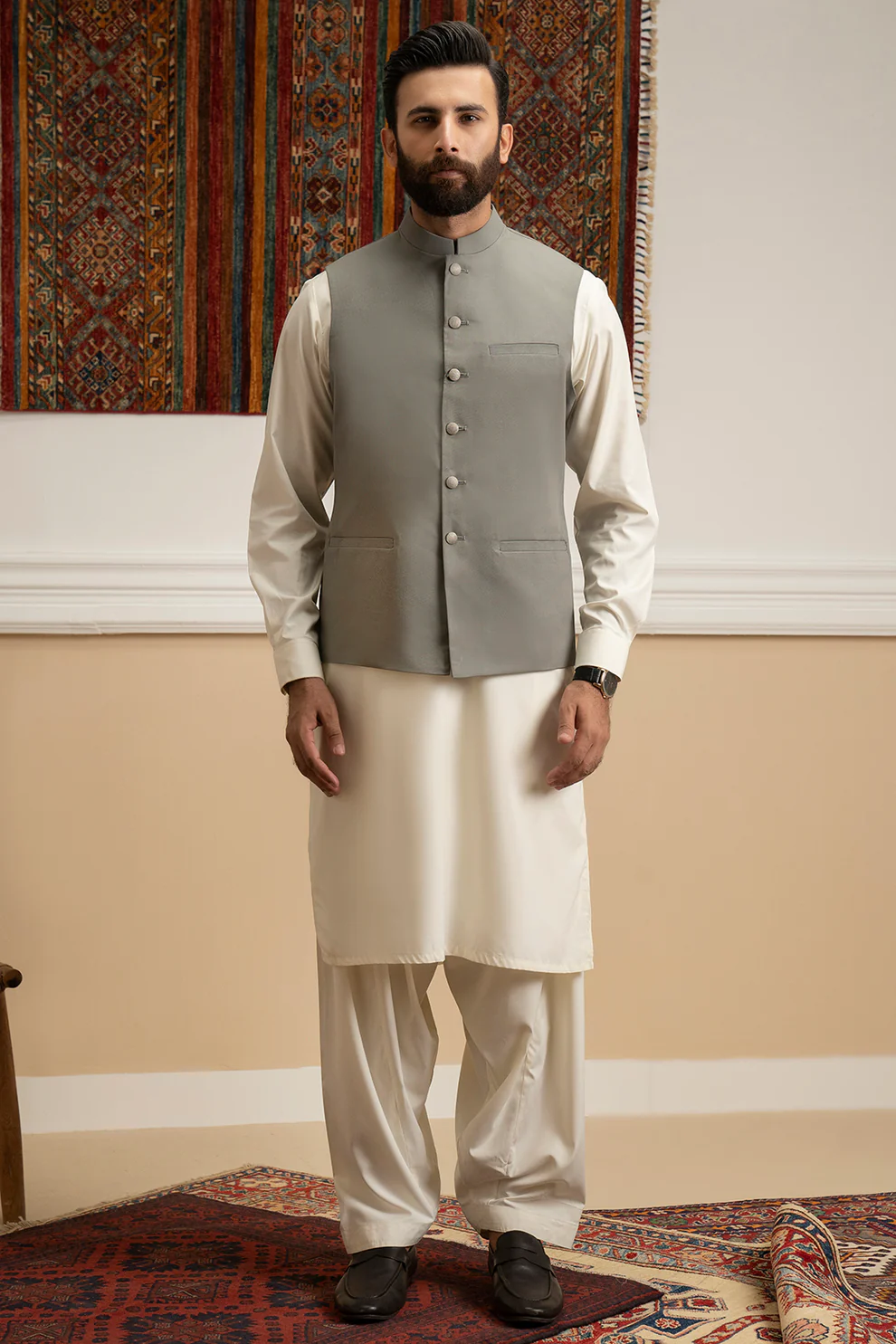 Men Stitched Stone Grey Waistcoat