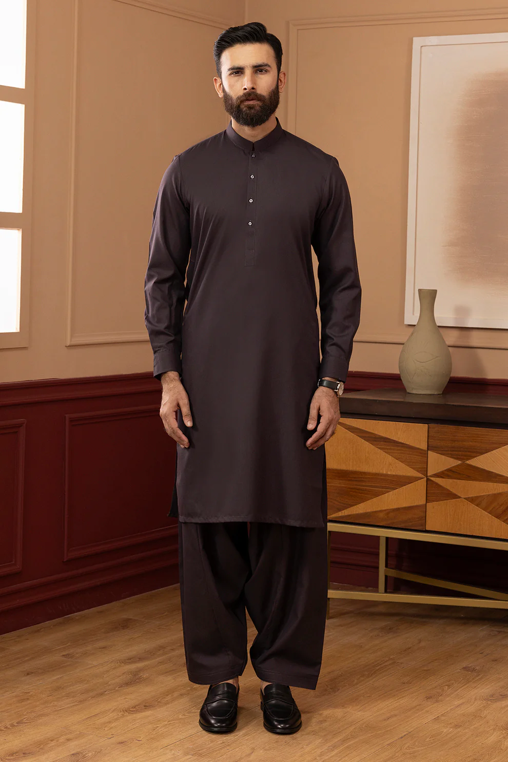 Men Stitched Dark Mulberry Brown Kameez Shalwar