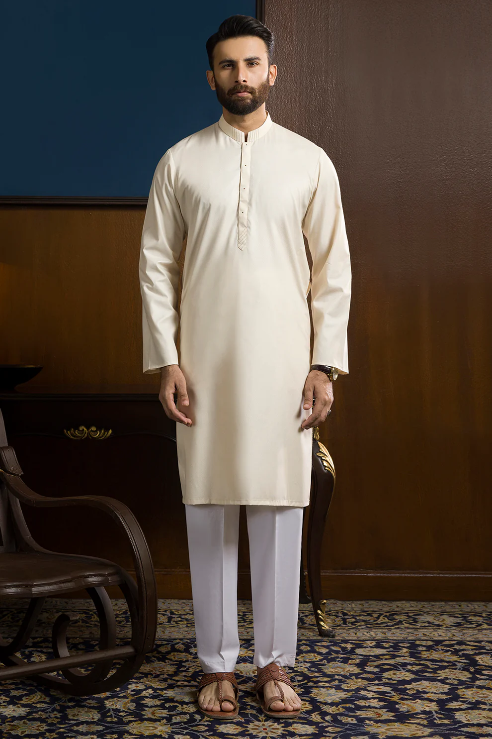 Men Stitched Cream Kurta with White Pajama