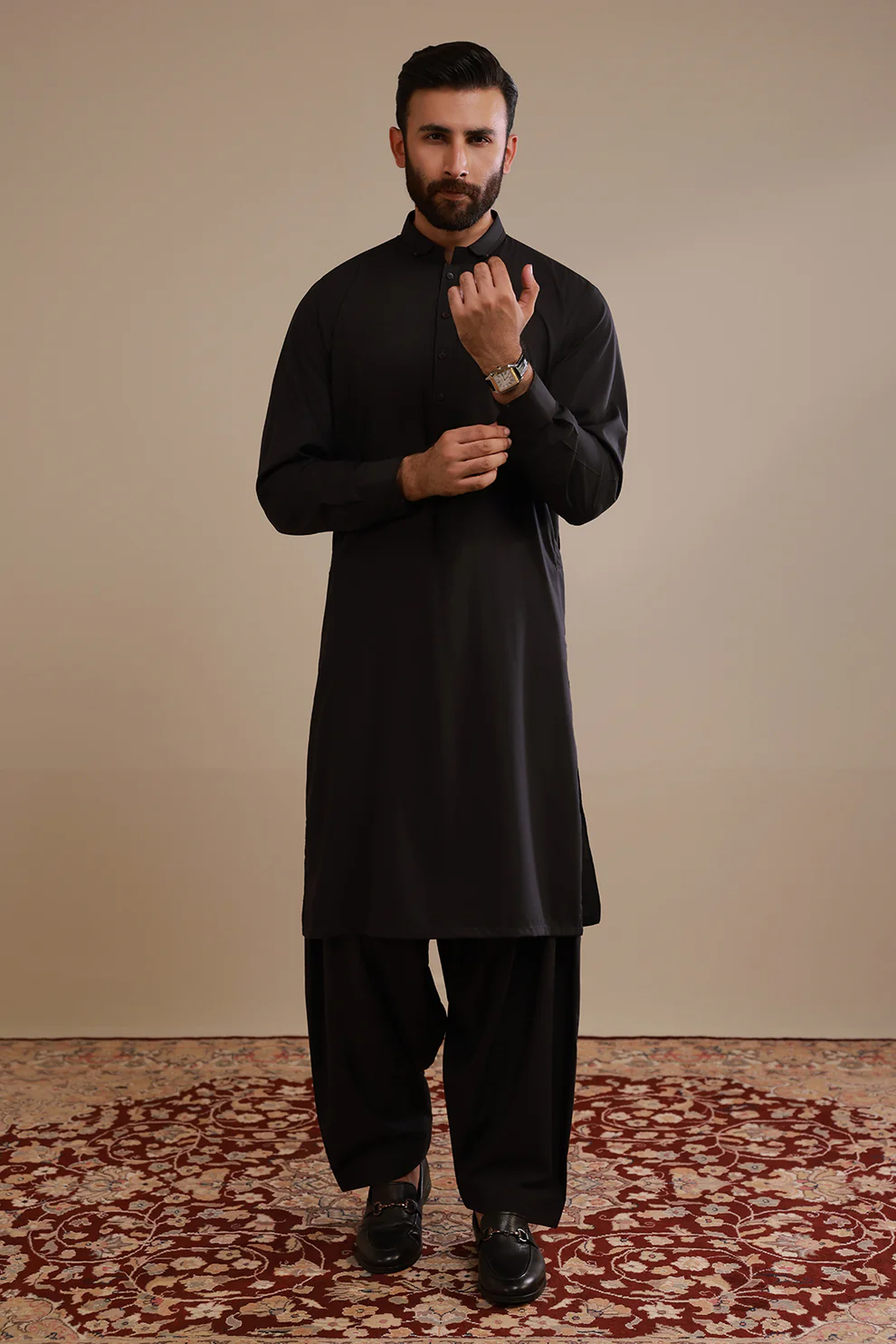 Men Stitched Coffee Black Kameez Shalwar