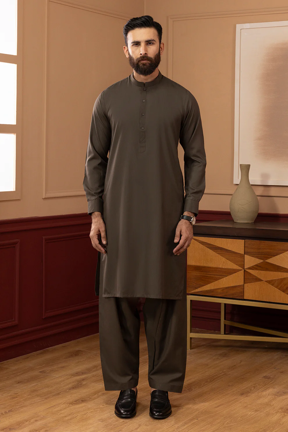 Men Stitched Dark Brown Kameez Shalwar