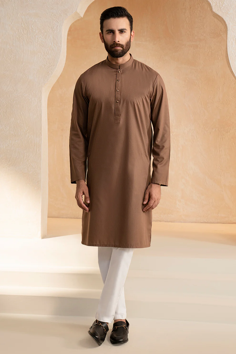 Men Stitched Chocolate Brown Kurta with White Pajama
