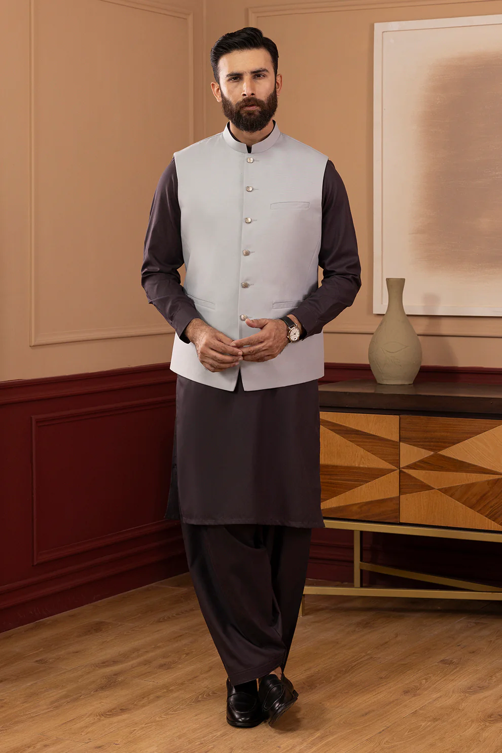 Men Stitched Stone Gray Waistcoat