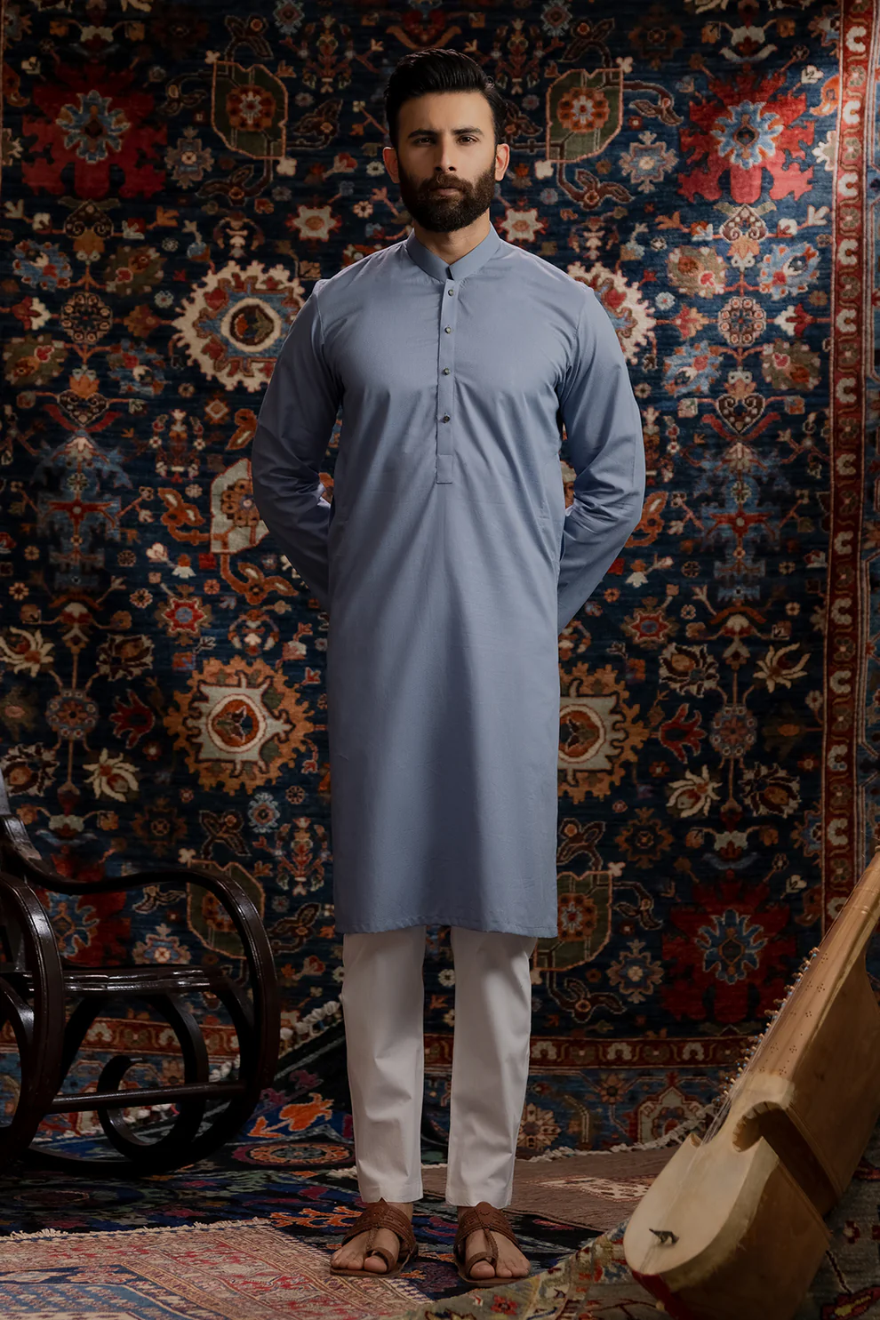 Men Stitched Smoke Blue Kurta with White Pajama
