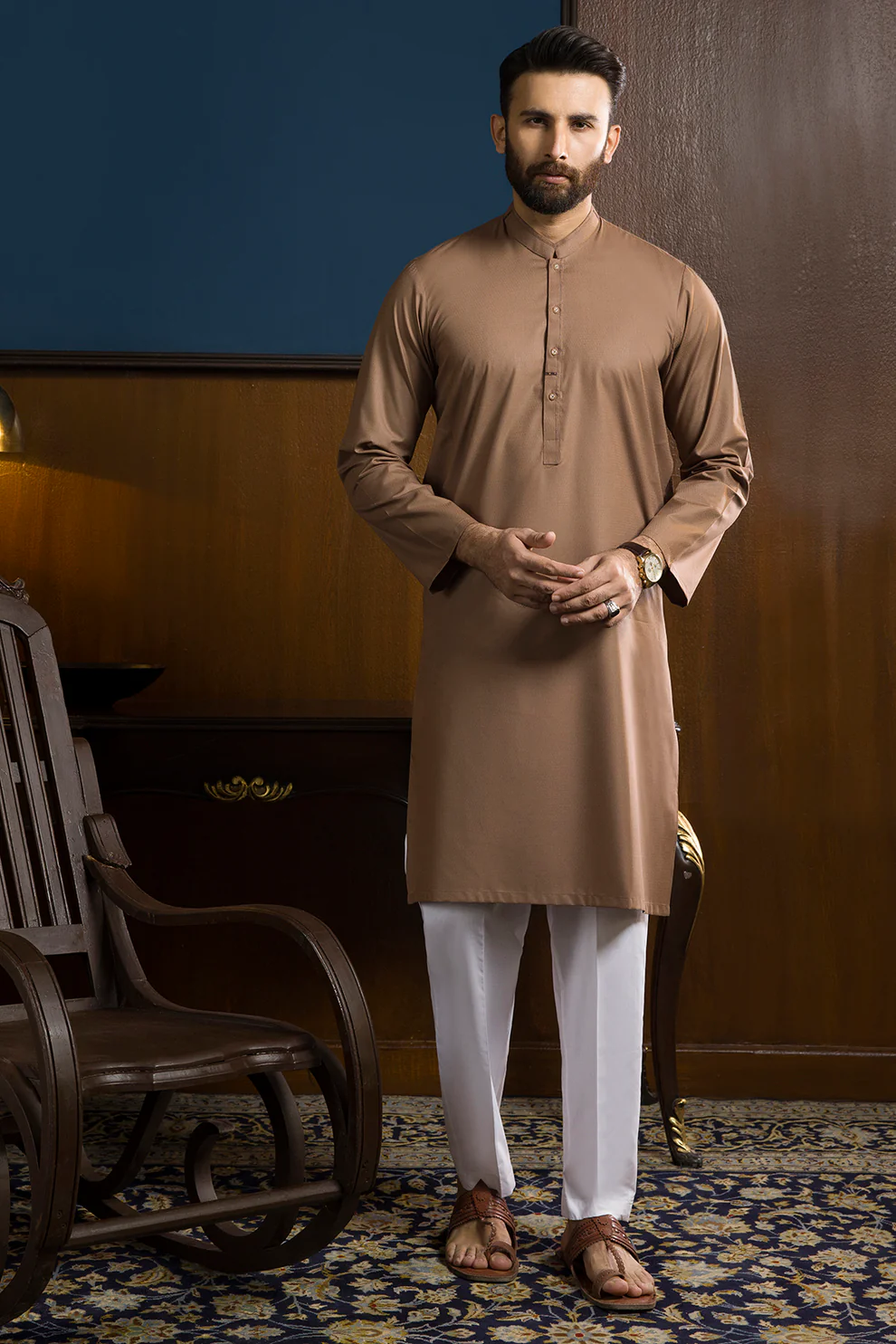 Men Stitched Camel Brown Kurta with White Pajama