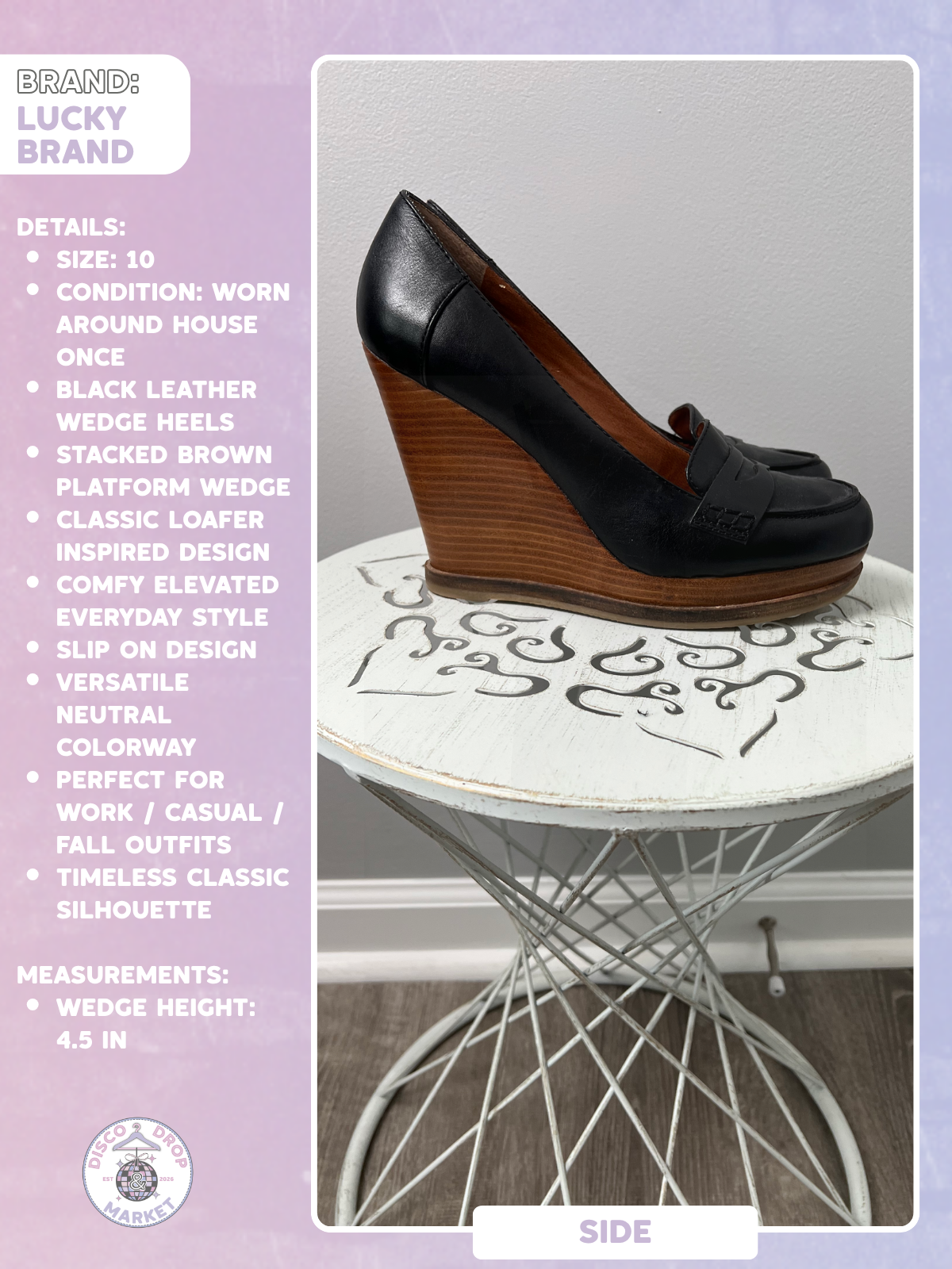 Lucky Brand June Black Leather Wedge Heels Size 10, Medium Width, Brown Platform Loafers